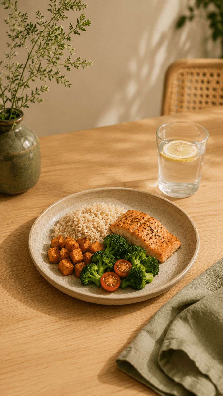 Prato equilibrado com salmão, legumes e água com limão, representando o momento da refeição
