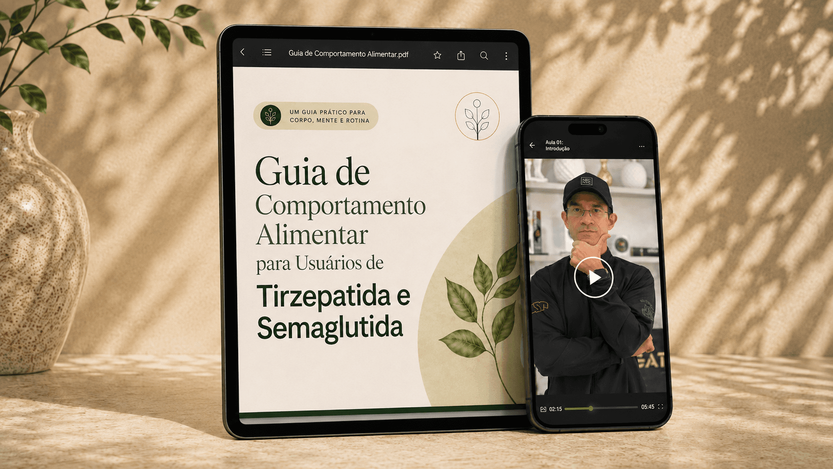 Mockup do Guia de Comportamento Alimentar para Usuários de Tirzepatida e Semaglutida, capa do material e aula em vídeo no celular